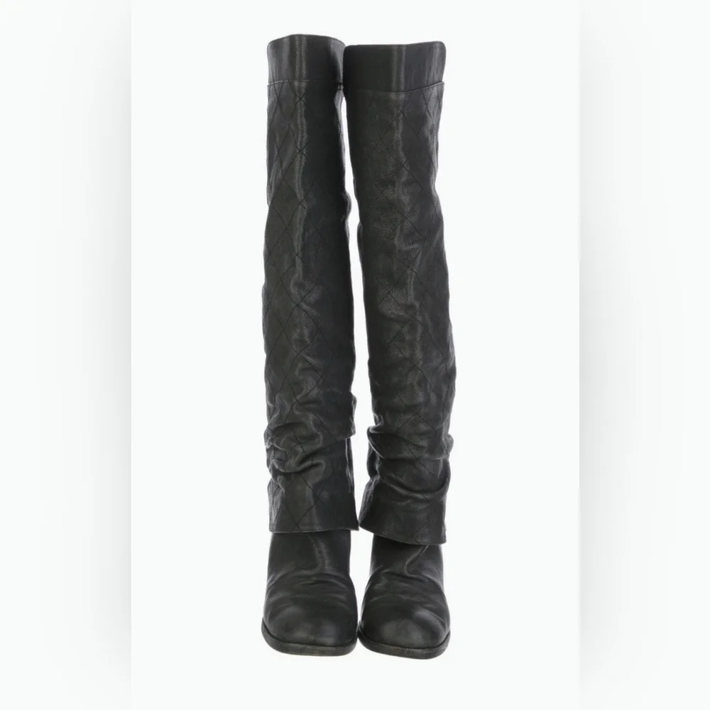 Rare! Chanel Quilted CC Over The Knee Black Leather Boots Size 10.5 US Women - Picture 2 of 16